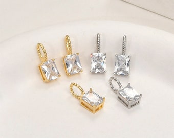 6pcs Rectangle Zircon Charm, CZ Pave Rectangle Pendant, 14K Gold Plated Brass Earring Necklace Pendant Connectors Jewelry Supplies