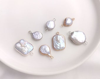 4pcs Natural Baroque Pearl Pendants Connectors, Gold Framed Pearl Charm, DIY Jewelry Supplies