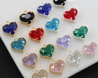 10pcs Gold Plated Heart Charm, Crystal glass Heart Pendant, DIY Necklace Jewelry Making Findings