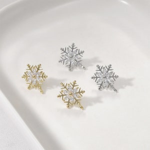 4pcs Zircon Snowflakes Earrings Stud, Gold Plated Brass Snowflakes Post Earring, Jewelry Making Material, S925 silver pin,CZ Pave Stud