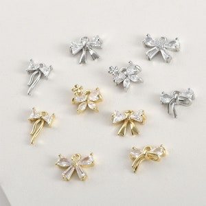 6pcs Dainty Bowknot Charm, CZ Paved Bow tie Pendant, Gold Plated Brass Bow Jewelry Finding, Necklace Pendant,Jewelry Accessories
