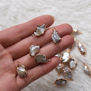 4pcs Natural Baroque Pearl Charm, Fresh Water Pearl Pendant Connector,Irregular Baroque Pearl Pendant, Gold Plated Edged Pearl Beads