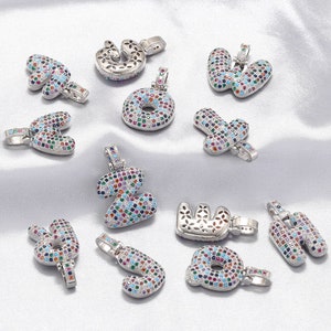 Colorfull Zircon Letter Charms,Silver Plated Initial Letters Pendant,CZ Alphabet Bubble Letter Pendants