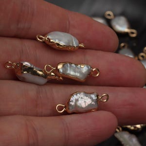 4pcs 7x25mm Gold Plated Edged Pearl Beads, Natural Baroque Pearl Charm, Fresh Water Pearl Pendant Connector,Irregular Pearl Pendant