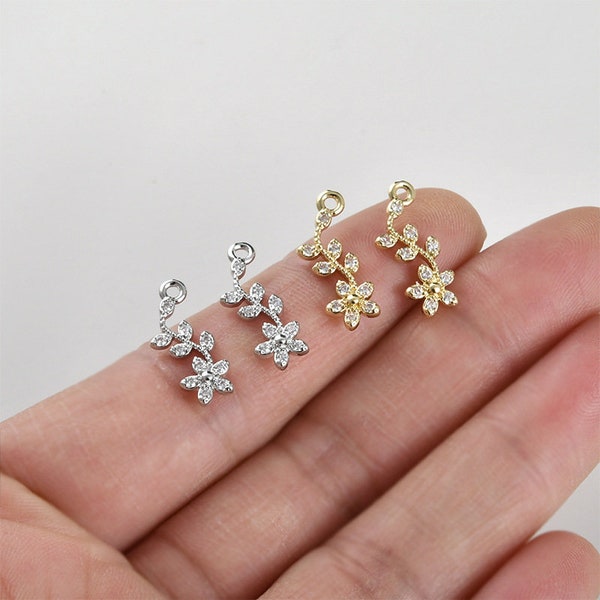 10pcs Dainty Flower Pendant, Gold Plated Brass CZ Pave Zircon flower Charm, Earring Necklace Findings, Jewelry Supplies Wholesale