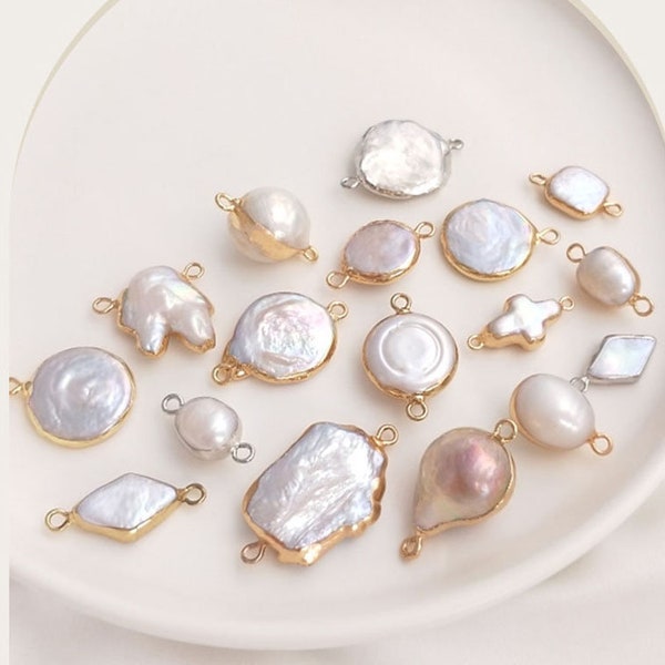 4pcs Gold Framed Pearl Charm, Natural Baroque Pearl Pendants Connectors, DIY Jewelry Supplies