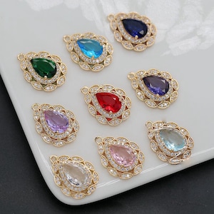 6pcs Clear Crystal Glass Teardrop Pendant Charm, Gold Plated Faceted Frame Glass Charm, Necklace Pendant, Jewelry Supplies Findings