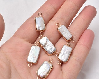 6 cuentas de perlas barrocas naturales, chapadas en oro, con forma rectangular irregular y conector colgante de perla de agua dulce.