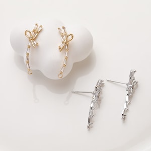 4pcs Gold Plated Brass Bowknot Ear Studs, Zircon Earring Studs With Loop, Earring Connector, Earring findings jewelry supply