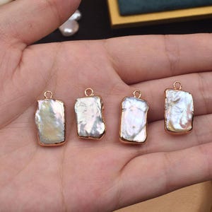 4pcs Irregular Rectangle Freshwater Pearl Pendant, Natural Baroque Pearl Charm, Dangling Pearl Pendant, Gold Plated Jewelry Making Supplies