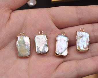 4pcs Irregular Rectangle Freshwater Pearl Pendant, Natural Baroque Pearls Charm, Gold Plated Jewelry Making