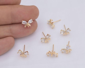 10pcs CZ Bowknot Earring, Gold Plated Bow Stud Earring,S925 Sterling Silver Ear Stick