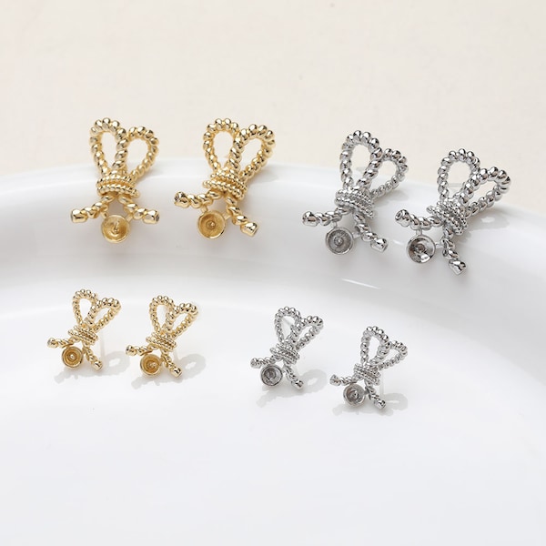 4pcs Gold Plated Bowknot Ear Studs, Crown Earring Studs With 925 Sterling Silver Pin, Earring Connector, Earring findings jewelry supply