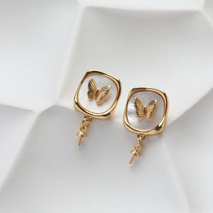 2pcs Shell Square Stud Earrings Post, Gold Plated Butterfly Ear Stud With Pearl Peg, Half Drilled Pearl Earring Setting,Pearl Earring Mounts