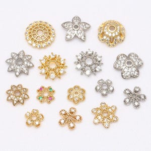 10pcs CZ Pave Flower bead caps, Gold Plated Flower Beadcaps, Silver End Caps,Bulk beadcaps,Hollow Out Bead Cap,Craft Supplies