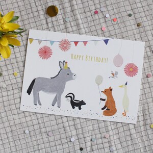 Verjaardagskaart / Verjaardagskaart dieren / Wenskaart dieren / Ezel / Stinkdier / Vos / Loopeend / Verjaardagskaart kinderen