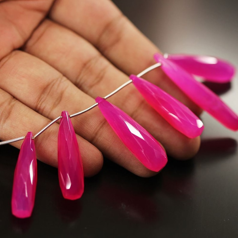 Natural Hot Pink Chalcedony Faceted Tear Drop Briolette Bead Strand 25mm 30mm 8