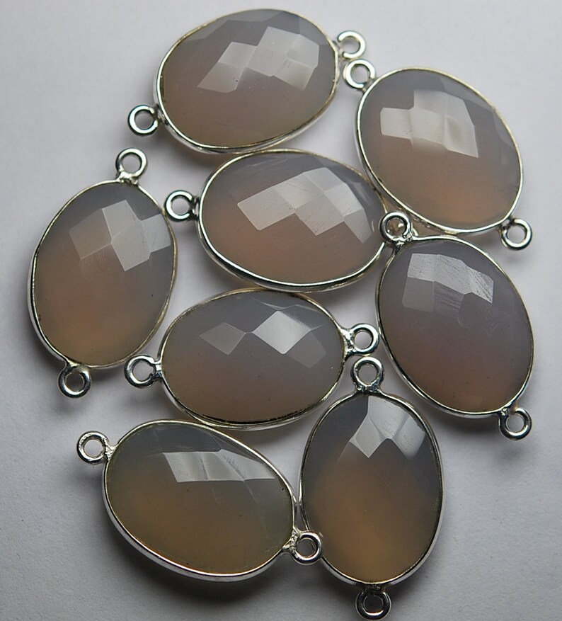 925 Sterling Silver,Gray Chalcedony Faceted Oval Shape Connector 5 Piece Of 23mm Approx