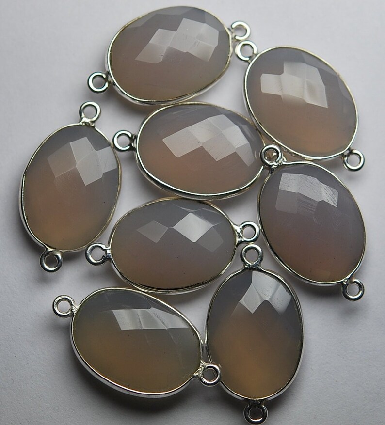 925 Sterling Silver,Gray Chalcedony Faceted Oval Shape Connector 5 Piece Of 23mm Approx