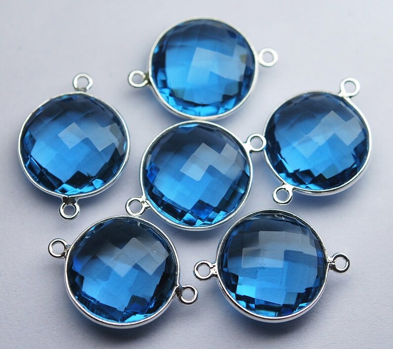 5 Piece Of 23mm Approx 92.5 Sterling Silver,Matched Pairs,London Blue Quartz Faceted Coins Shape Pendant Connector
