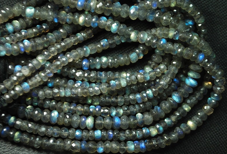 13.5 Inches Super Finest Natural Blue Flashy Labradorite Faceted Rondelles 3-4mm Aprx