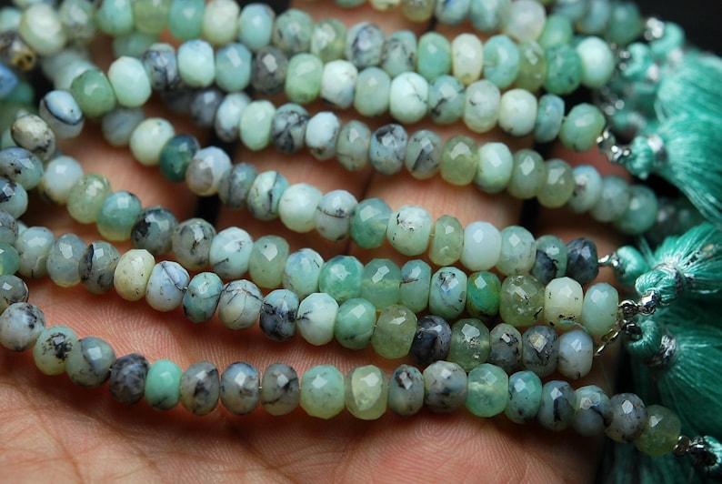 7mm Size Approx. 8 Inch Strand Natural Peruvian Blue Green Opal Faceted Rondelle Shape Beads