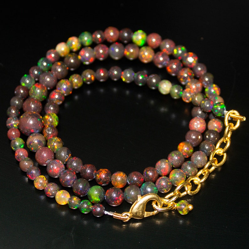Black Ethiopian Opal Round Ball Gold Plated Gemstone Beads Necklace 4mm 7mm 20