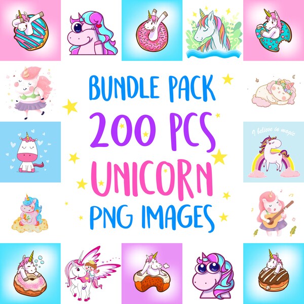 Unicorn Bundle PNG Files - 200 Digital Images, aceo unicorn, unicornio, unicorn birthday girl svg, unicorn wall decal, unicorn face svg