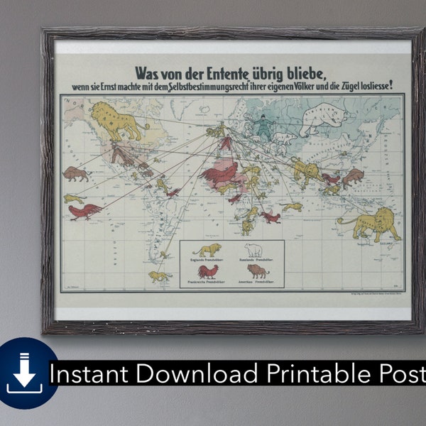 WW1 Era Antique German World Map Caricature Poster | Digital Download Wall Art