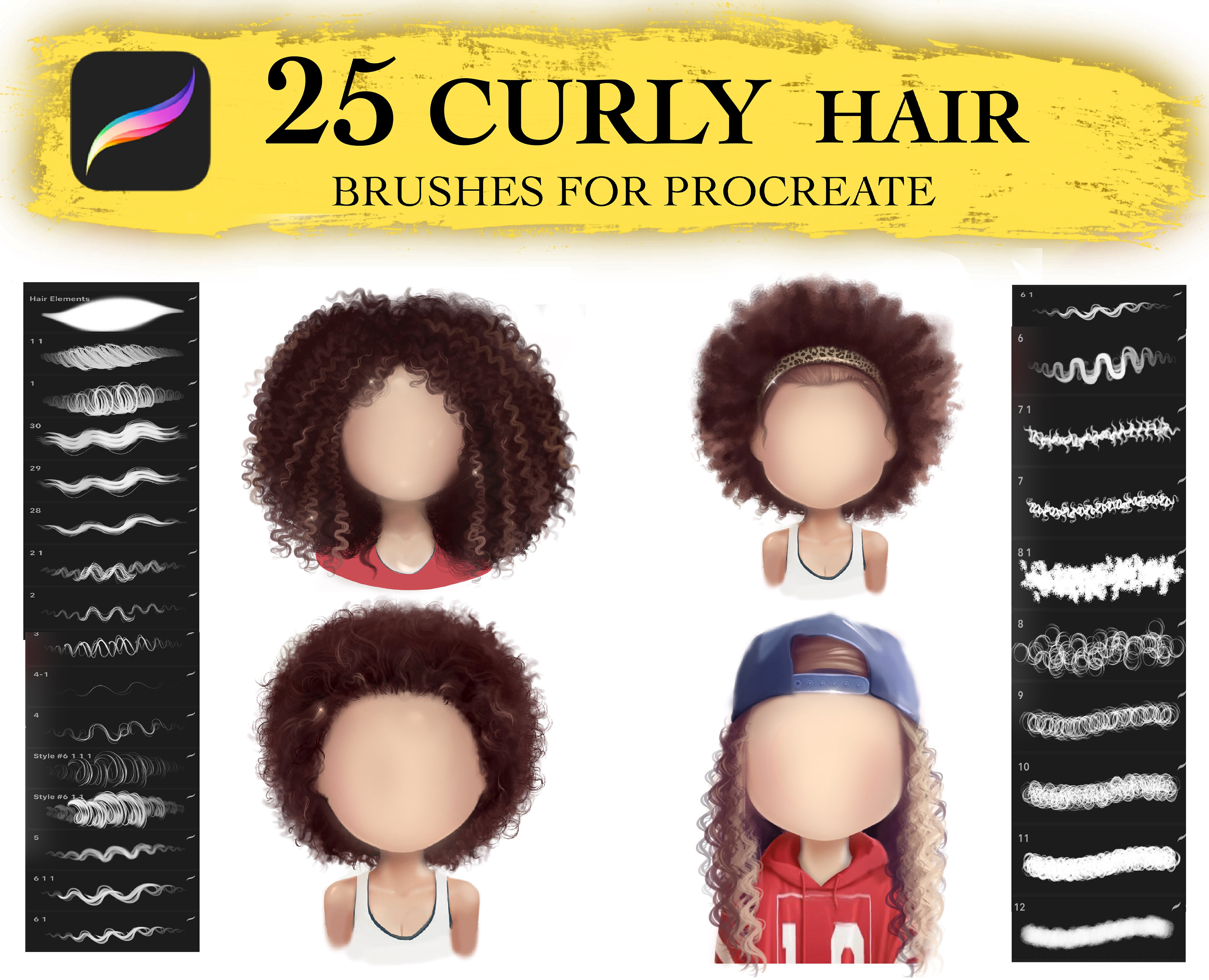Curly Hair Brushes Procreate Braids Brushes Hair Brush Set Etsy