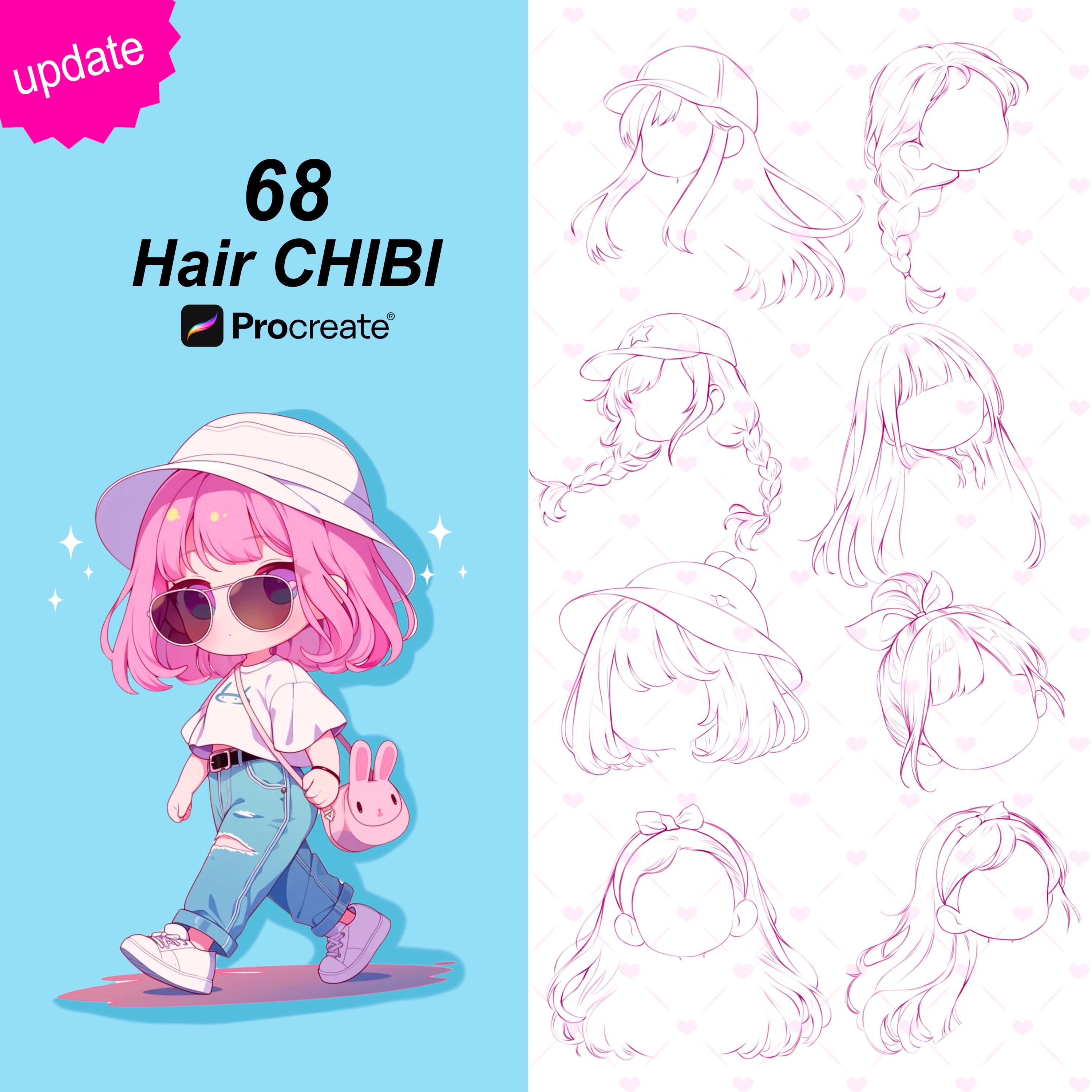 Hair Stamps for Procreate – 68 Chibi and Straight Hairstyle Stamp Brushes