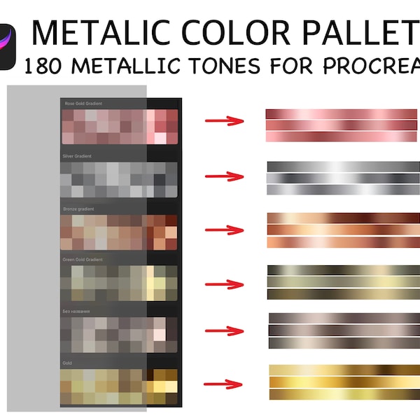 Procreate Palette Metallic Gradients, paleta kolorów Gold, Rose i Bronze Silver, Procreate Swatches dla iPada / Green Silver. / Brązowy Srebrny