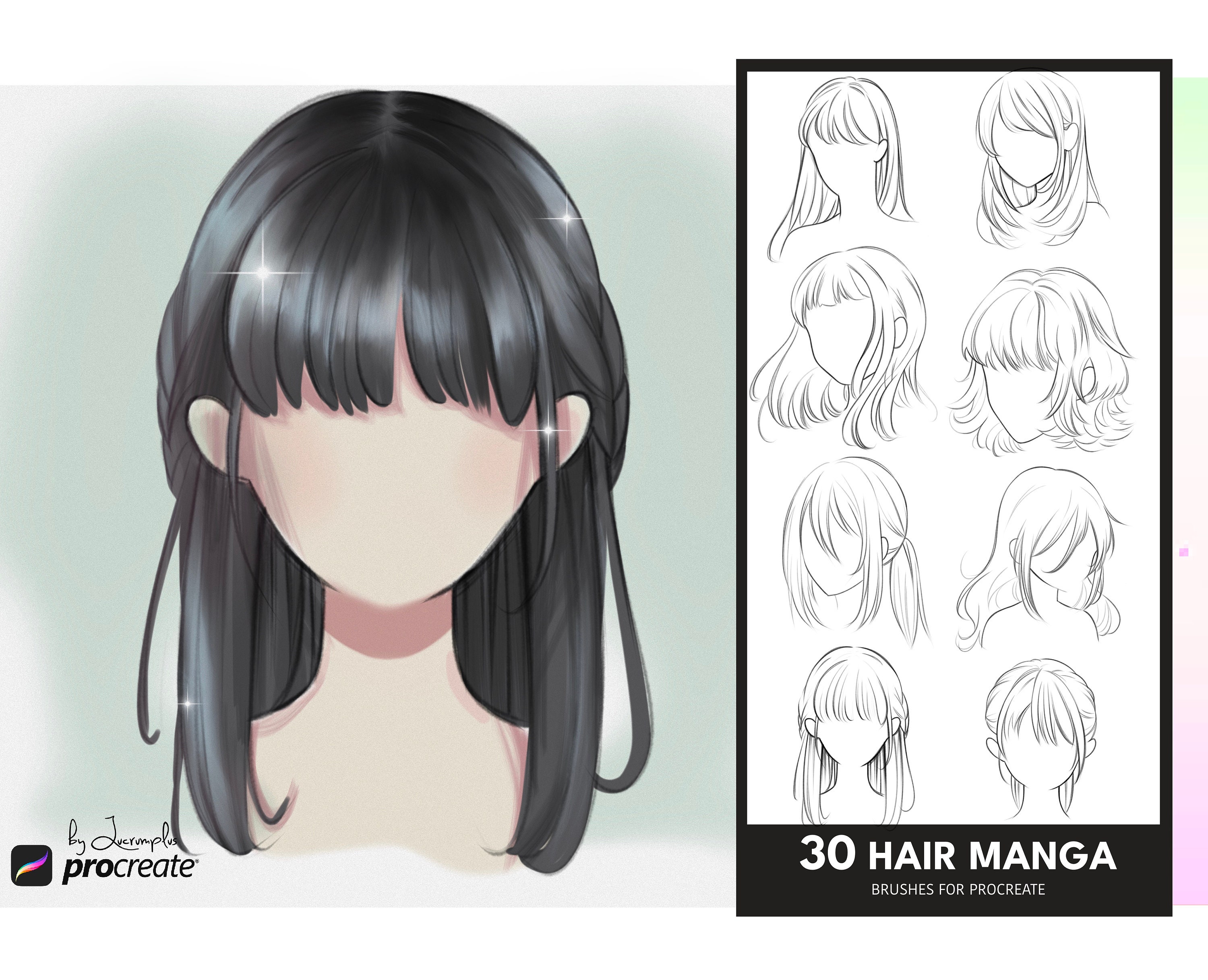 Procreate Manga Hairstyles Stamps. Anime Girl Hairstyle Stamp 