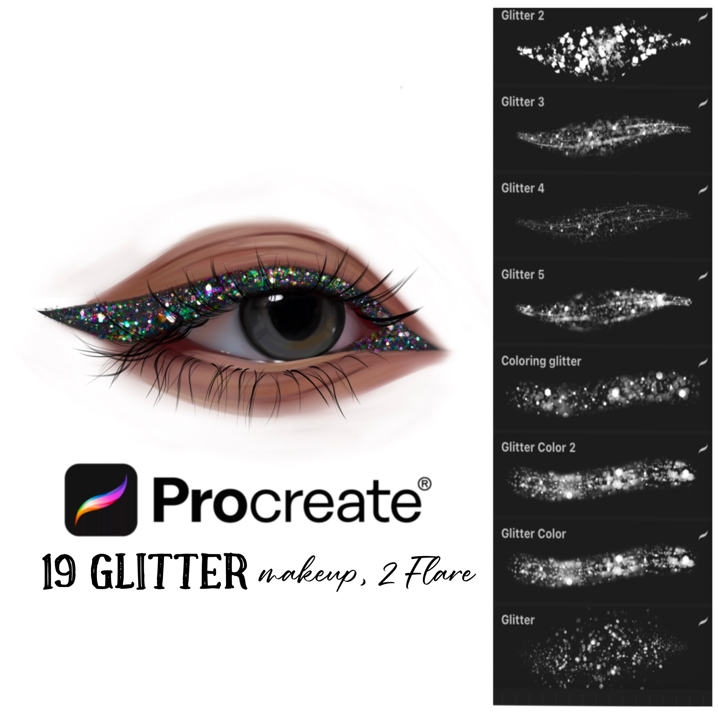Pinceles de maquillaje con glitter para Procreate – Foil arcoíris, brillo multicolor y flares (paquete de 19)