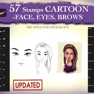 Sellos Dibujos animados Caras Ojos Cejas Pinceles para Procreate, Pinceles guía, Kit de arte, Ojos para retratos, Figuras de dibujos animados, Pinceles digitales, Ojos