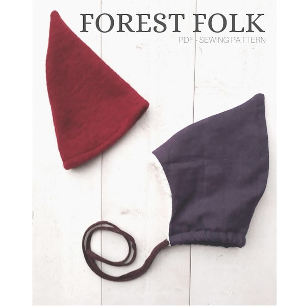 Ensemble de motifs de chapeau folklorique de la forêt - chapeau de gnome et chapeau de lutin. Patron de couture PDF facile. Unisexe. Tailles 6 mois à 6 ans environ.