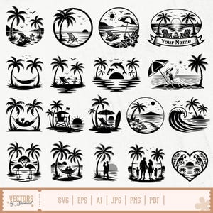 Op de afbeelding: Zwart-wit vectorillustraties van strandscènes met palmbomen, zonsondergangen en ontspannen mensen. Ontwerpen tonen een hangmat, ligstoelen, dolfijnen en families. Tekst bevat "Your Name" en bestandstype-opties.