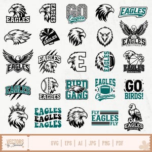 以下が含まれることがあります： イーグルの頭、スポーツボール、および「Eagles」、「Go Eagles」、「Bird Gang」、「Go Birds」、「Fly Eagles Fly」などのテキストを含む、黒とティール色の25個のグラフィックデザインのコレクション。これらのベクターイラストはグリッド形式で表示されています。
