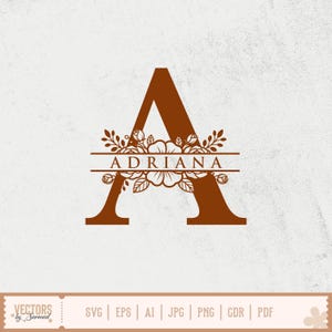 May include: A brown monogram design featuring the letter "A" with the name "ADRIANA" in a floral design. The design includes leaves and flowers. The bottom of the image contains the text "VECTORS by Sarmad" and file type options.