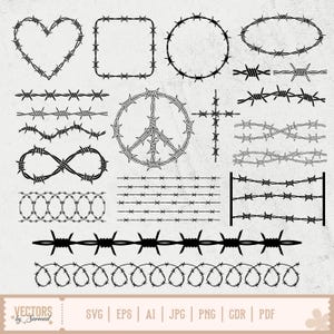 May include: A collection of black barbed wire designs in various shapes, including a heart, square, circle, and oval. Other designs include a peace sign, cross, infinity symbol, and decorative borders. The image also includes the text "VECTORS by Sarmad" and file type abbreviations.