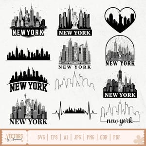 May include: A collection of black and white New York City skyline designs. The images include the Statue of Liberty, skyscrapers, and the city's name in various fonts. The designs are in a variety of styles, including silhouettes and detailed illustrations.