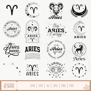 May include: A collection of black and white Aries-themed designs. The image features various illustrations of the Aries zodiac symbol, ram heads, and text elements such as "Aries Queen" and "Big Aries Energy."