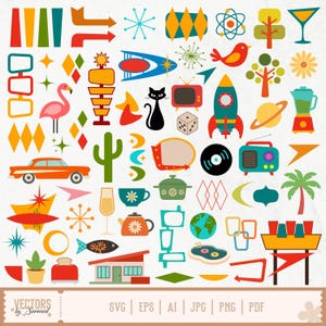 May include: A vibrant collection of retro-style vector illustrations in a mid-century modern theme. The image features various colorful icons, including a flamingo, car, rocket, atomic symbols, and a cat. The bottom of the image includes the text "VECTORS by Sarmad" and file type options.
