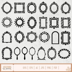 Puede incluir: Una colección de marcos decorativos negros en varias formas, incluyendo diseños ovalados, rectangulares y circulares. Algunos marcos presentan adornos y detalles ornamentales. La imagen también incluye espejos de mano y un diseño de sol. La parte inferior de la imagen muestra el texto: "VECTORS by Sarmad".