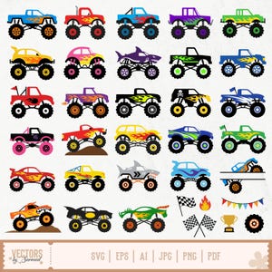 May include: A collection of thirty-one colorful monster truck illustrations featuring various flame patterns, a shark-shaped truck, a skull design, and racing accessories including checkered flags, a trophy, and a string of colorful pennant banners.
