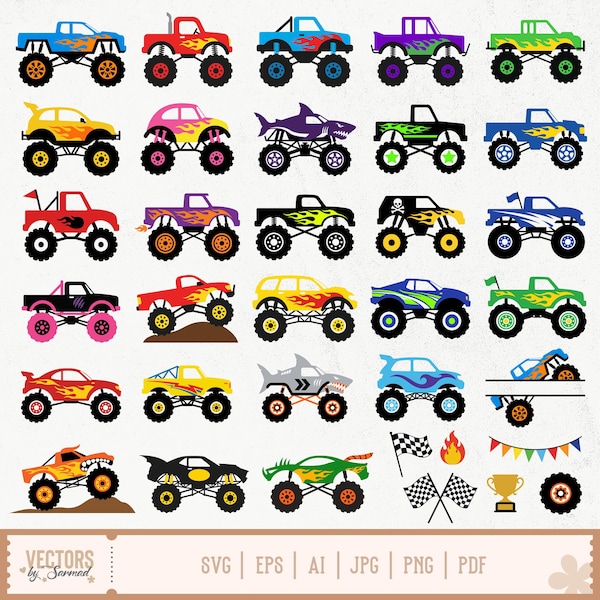 Monster Truck SVG Bundle, Layered Monster Truck Svg, Monster Truck Clipart, Truck Jam Party, Kids Truck Clipart, Black Monster Truck