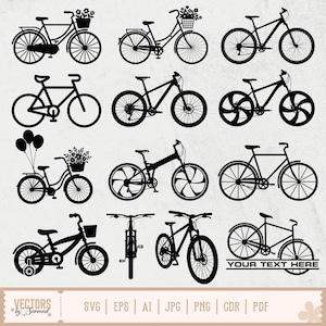 May include: A collection of black bicycle silhouettes in various styles, including road bikes, mountain bikes, and bikes with flower baskets. The image includes the text "YOUR TEXT HERE" and file type icons.