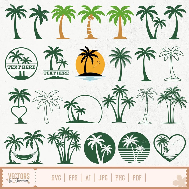 Op de afbeelding: Een verzameling palmboom illustraties in verschillende stijlen en kleuren, waaronder groen, bruin en zwart. Sommige ontwerpen bevatten tekstgebieden, zonsondergangen en een hartvorm. De onderkant van de afbeelding bevat de tekst "VECTORS by Sarmad" en bestandstype opties.