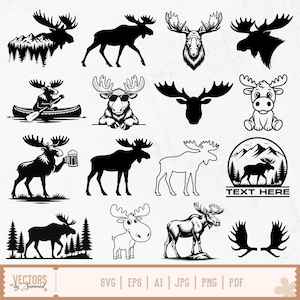Può includere: Una collezione di illustrazioni di alci in bianco e nero in varie pose. I disegni includono sagome di alci, un'alce con occhiali da sole, un'alce in canoa e un'alce con un boccale di birra. L'immagine include anche il testo "TEXT HERE".