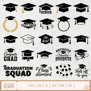 May include: A collection of graduation-themed vector graphics in black and gold. The designs include graduation caps, diplomas, and phrases like "SENIOR," "Congrats GRAD," and "Graduation Squad." The image also includes file type icons: SVG, EPS, AI, JPG, PNG, and PDF.